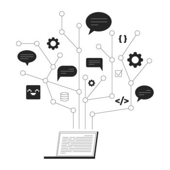 ordenador portátil generando comunicación y codificación árbol estructura línea ilustración concepto. programación, web desarrollo, eso habla burbujas contorno 2d objeto aislado. tinta lineal metáfora Arte vector