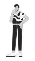 Thoughtful indian man in bold abstract shirt rubbing chin 2D line character. Decision making. South asian guy in modern clothing isolated ink outline person. Monochromatic spot illustration vector