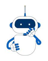 Curious robot holding chin in thought 2D cartoon character. Artificial intelligence, problem-solving. Robotic technology flat personage isolated on white. Spot illustration colorful vector