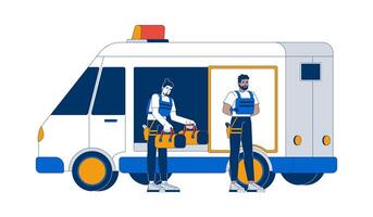 Cash in transit vehicle armored guards transport money 2D illustration. Two security personnel unload bags from bank truck flat characters isolated on white background. Colorful cartoon image vector