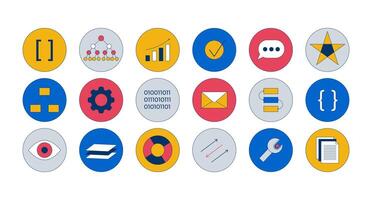 Technology and data 2D cartoon round stickers objects set. Coding, charts, data structure, tools, ui components isolated circle elements flat clip arts on white. Spot illustrations collection vector