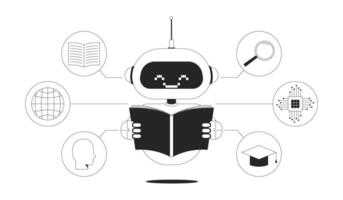 AI training line illustration concept. Machine learning, artificial intelligence tech. Algorithm improvement. Robot reading dataset outline 2D character isolated. Ink linear metaphor art vector