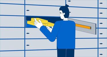 Bank employee storing gold bars in safe deposit box flat illustration. Secure asset management. Man placing goldbars in vault storage 2D character cartoon background. Colorful scene art image vector