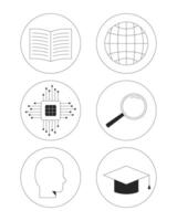 Education and technology 2D line round stickers objects set. Reading, globe, AI chip, loupe, graduation cap isolated circle cliparts ink outline items. Monochrome spot illustrations collection vector