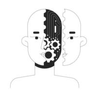 Robotics artificial intelligence line illustration concept. Human head with AI circuitry and gears. Half robot face. Transhumanism outline 2D composition isolated. Ink linear metaphor art vector