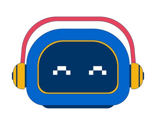 Music listening robot with headphones 2D cartoon character. Entertainment AI companion fun. Tech mascot. Robotic technology flat personage isolated on white. Spot illustration colorful