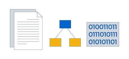 Documents, flowchart and binary code 2D cartoon objects set. Paperwork, programming, hierarchy chart. Computer data isolated elements flat clip arts on white. Spot illustrations collection vector