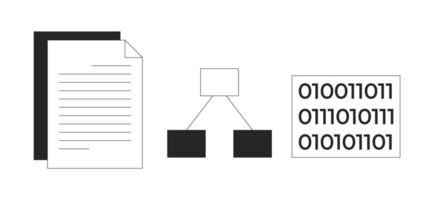 Documents, flowchart and binary code 2D line objects set. Paperwork, programming, hierarchy chart. Computer data isolated cliparts ink outline items. Monochrome spot illustrations collection vector