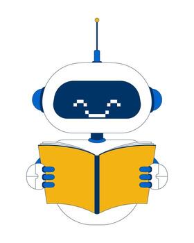 Smiling robot holding open book 2D cartoon character. Artificial intelligence, education. Pixelated robotic technology reading flat personage isolated on white. Spot illustration colorful vector