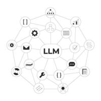 LLM large language model line illustration concept. Machine learning. AI algorithm with interconnected technology, data, code outline 2D composition isolated. Ink linear metaphor art vector