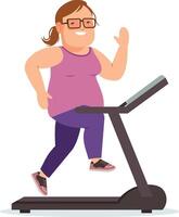 Happy plus size woman jogging on treadmill vector