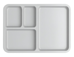 top view of modern rectangular food tray with multiple compartments, clean plastic design for meal presentation, on isolated background png