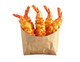 crispy deep fried shrimp in brown paper pouch on isolated background png