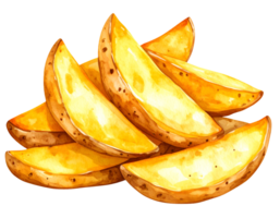 crispy golden brown potato wedges stacked in watercolor style, fried snack food illustration for fast food and comfort meals on isolated background png