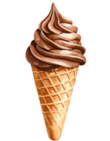 soft serve chocolate swirl ice cream cone watercolor illustration with waffle texture on isolated background png