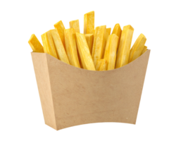 french fries in plain brown fast food container with tall golden potato sticks on isolated background png