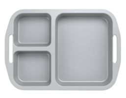 modern rectangular food tray with three compartments and built-in utensil handles, minimal grey cafeteria style divided plate, top view isolated png