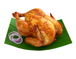 whole crispy roasted chicken on banana leaf with pickled red onions on isolated background png