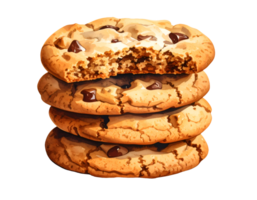 stack of chocolate chip cookies with top one bitten watercolor style isolated on transparent background png