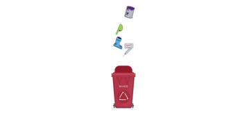 Red mixed waste bin with floating non-recyclable trash icons video
