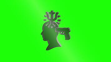 Conceptual head and gun symbol with alert shape on neon green video