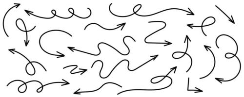 Set of multidirectional black arrows, hand drawn on white. vector