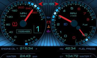 Car dashboard, modern automobile control panel with backlight, speed display, bright illustration with red arrows and digital values. vector