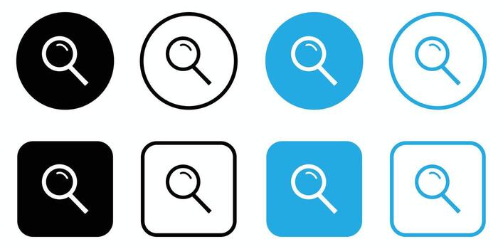 Magnifying glass icons on black, blue, and white backgrounds represent search functionality for user interfaces and applications. vector