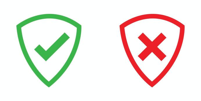 proteccion aprobado y negado símbolos con verde cheque y rojo X en un proteger formato para seguridad vector