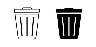 Two graphic icons of trash cans, a simple, black outline and a solid black fill design for recycling or waste management. vector