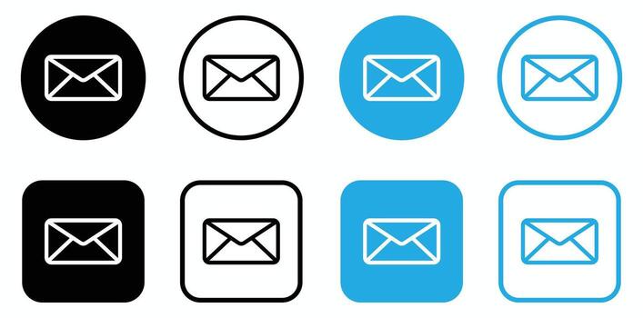 Simple email icons in black, white, and blue present message sending concepts and envelope symbols, clear and minimalistic. vector