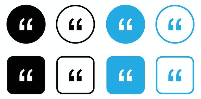 Quotation mark icons in various styles showcase speech, citation, and information representation for different platforms. vector