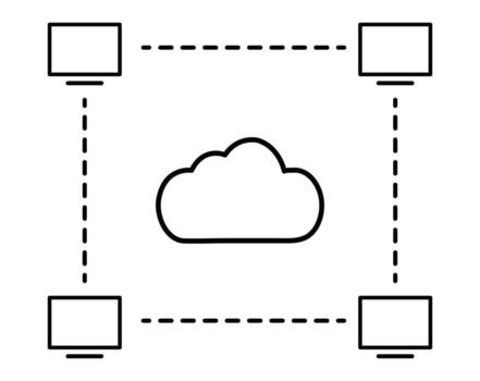 A cloud network diagram illustrates data storage and processing between computers for centralized technology. vector