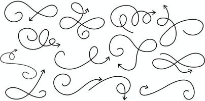Collection of hand drawn doodle arrows with various swirly designs pointing directions for design projects vector