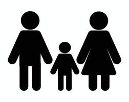 Black silhouette illustration showing a family with father, mother, and child on a white background. vector