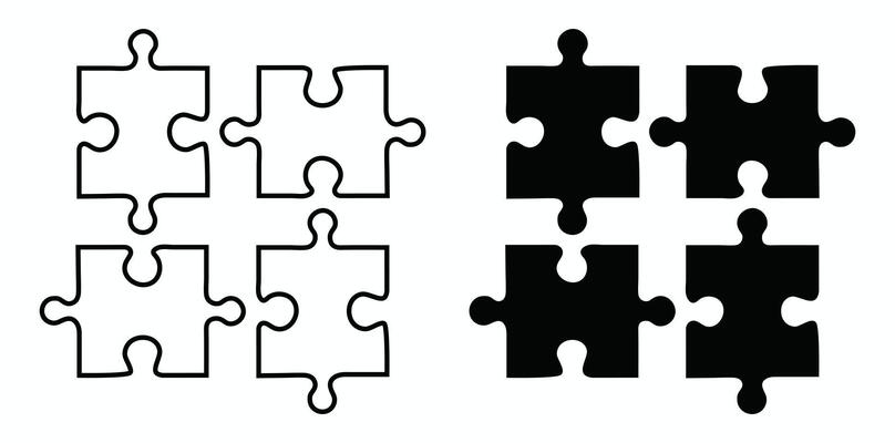 Jigsaw puzzle elements display connection, strategy, and teamwork for visual aid on white background, conceptual game.