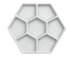 white hexagon ceramic tray with geometric pentagon compartments, modern puzzle-inspired tableware for creative food styling or modular presentation, on isolated background png