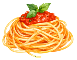 watercolor illustration of spaghetti twirl with tomato sauce, handpainted food art in soft brush texture, on isolated background png