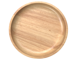 top view of round wooden tray with shallow center and raised rim, minimalist natural wood plate design on isolated background png