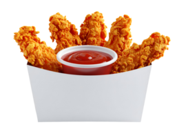 crispy fried chicken tenders with red dipping sauce in white takeaway box, crunchy golden texture fast food on isolated background png