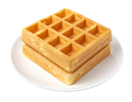 stack of golden square waffles served on white ceramic plate with airy grid texture on isolated background png