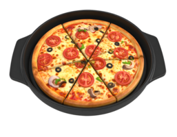 pan pizza with tomato slices black olives mushrooms and bell peppers in round black serving tray on isolated background png