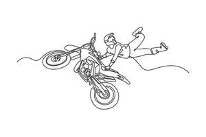 Single continuous line drawing biker acrobatic jump at the trial show executes an extreme maneuver, showcasing remarkable balance and daring expertise. One line draw graphic design illustration vector