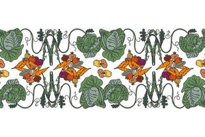 Botanical decorative different vegetables horizontal seamless pattern border isolated on white background. Hand drawn colorful veggies plants with Roots Stems Leaves illustration design vector