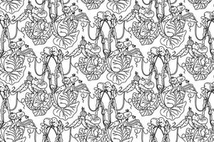 Line art botanical decorative vegetables seamless pattern illustration. Repeating different veggies plants with Roots Stems Leaves in white background. Graphic design for Fashion Cover Textile vector