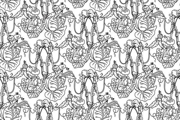 Line art botanical decorative vegetables seamless pattern illustration. Repeating different veggies plants with Roots Stems Leaves in white background. Graphic design for Fashion Cover Textile