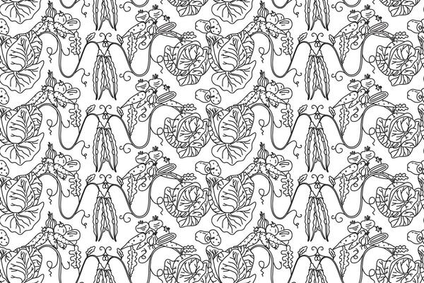 Line art botanical decorative vegetables seamless pattern illustration. Repeating different veggies plants with Roots Stems Leaves in white background. Graphic design for Fashion Cover Textile Card