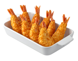 golden crispy fried shrimp with tails arranged neatly in white ceramic serving tray, delicious seafood appetizer on isolated background png