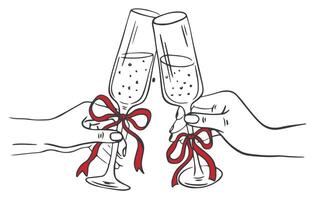 Hand drawn chalk cheers. Hands with champagne glass drawings for wedding invitations, menus and parties. Drink with ribbon and bow in crayon and sketch. La dolce vita italian style vector