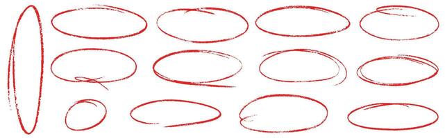 Hand drawn red crayon ovals and circles. Ellipses pencil doodle style set. Red round rough thin frames. Round freehand shapes, emphasis highlights. elements for hand drawn diagrams vector